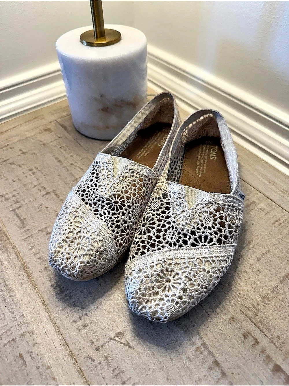 TOMS White Crochet Classics Alpargata Floral Slip-On Flats